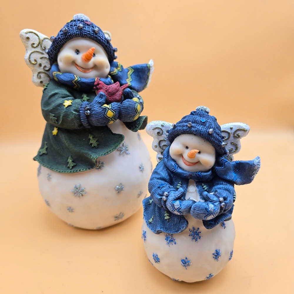 Vintage Snowman Angel Resin Figurines Set of 2 Winter Christmas Decor Blue Green